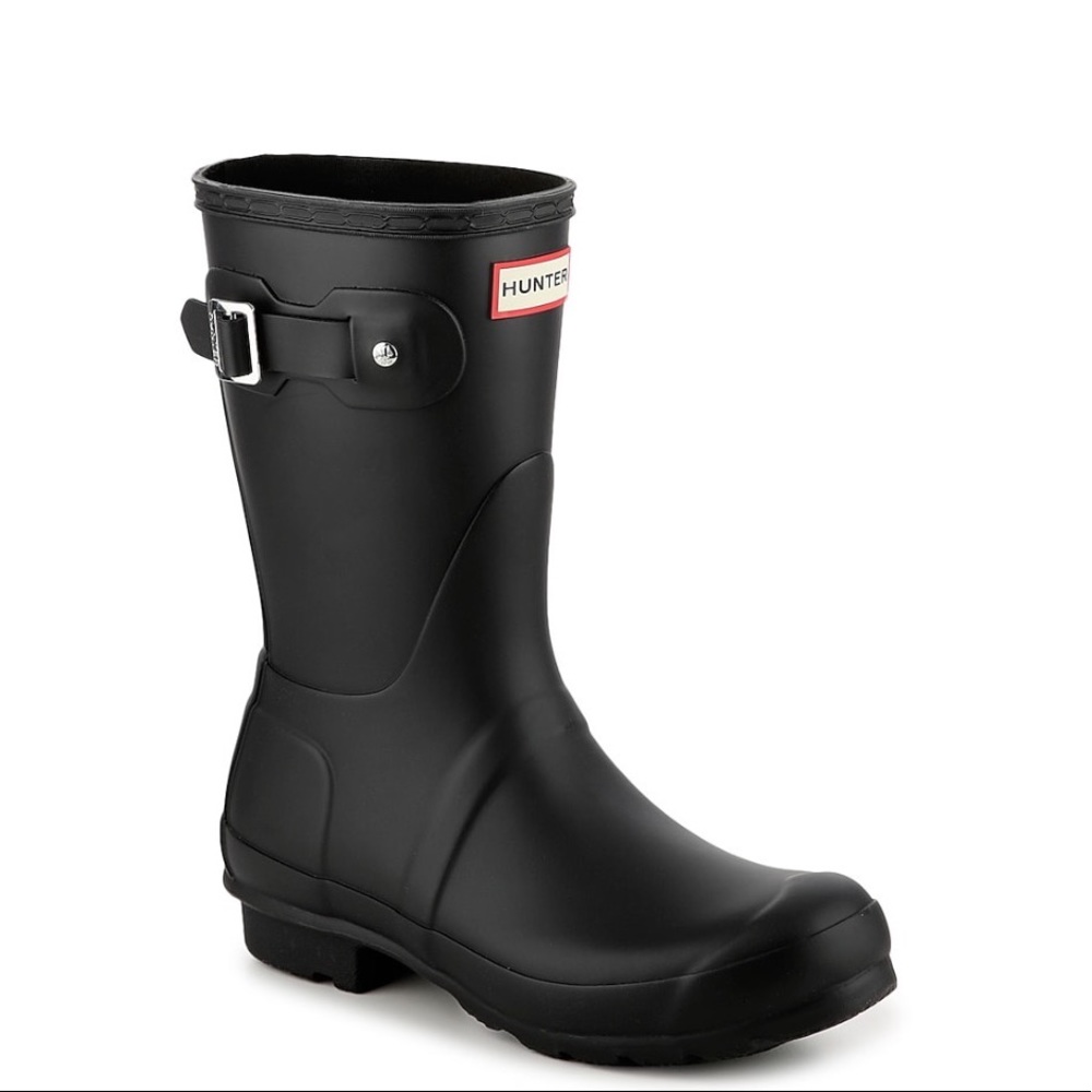 Hunter matte black rain boots with socks
